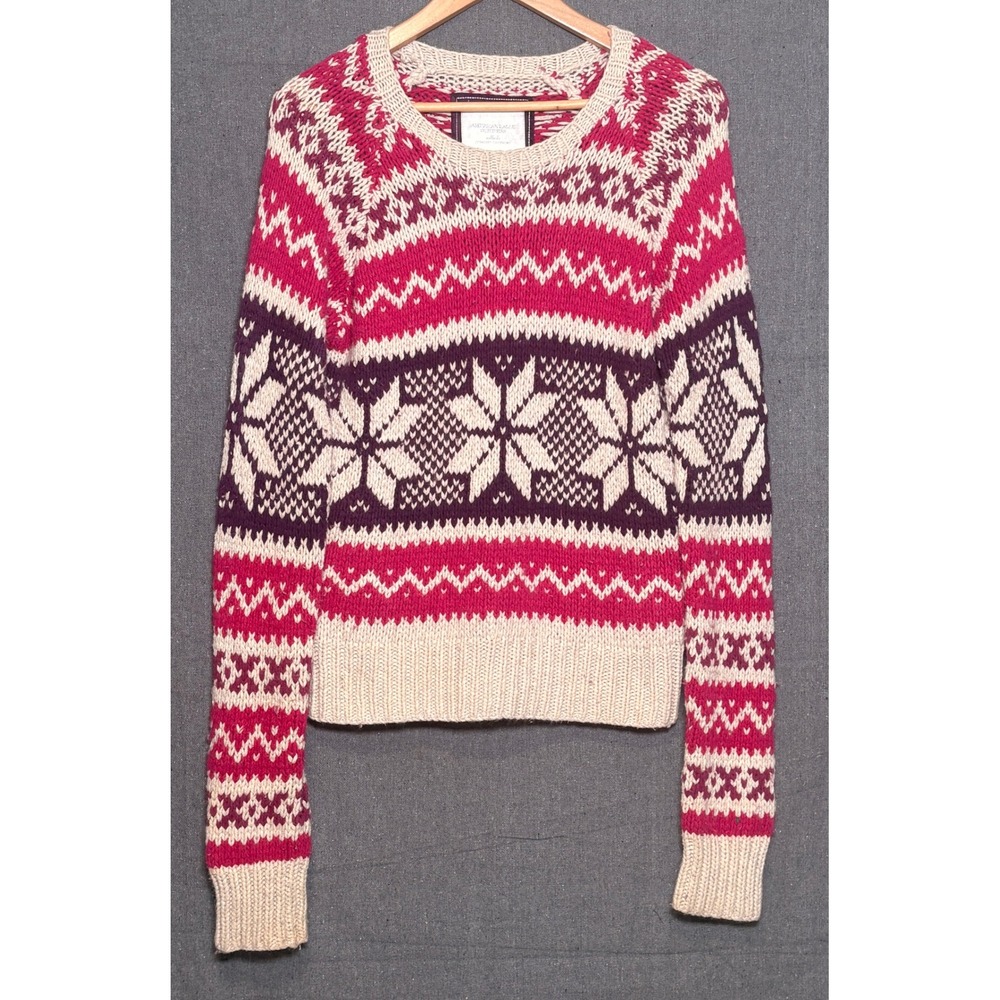 American Eagle‎ Fair Isle Snowflake Sweater Womens SM Pink Purple Cotton Angora
